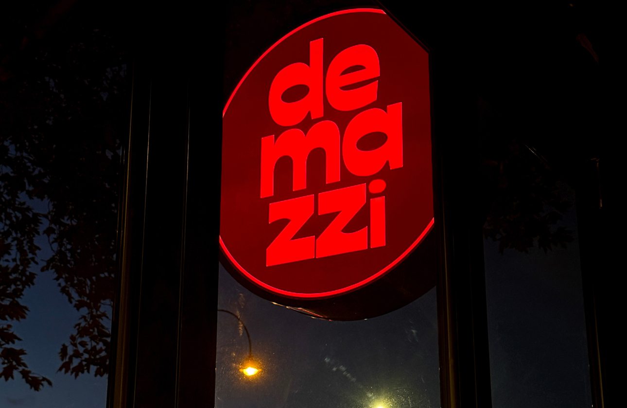 Backlit sign outside of Demazzi Stone grill, Essendon